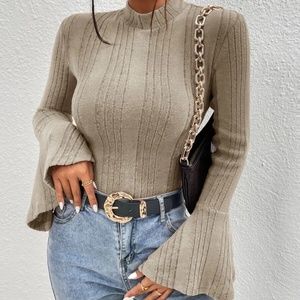 Khaki Mock Neck Bell sleeve Knit Bodysuit